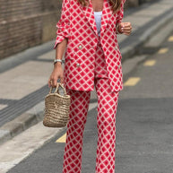 WW | Rosiedress Geometrischer Druck Revers Doppelt Knopf Blazer und Flare-Hosen Set