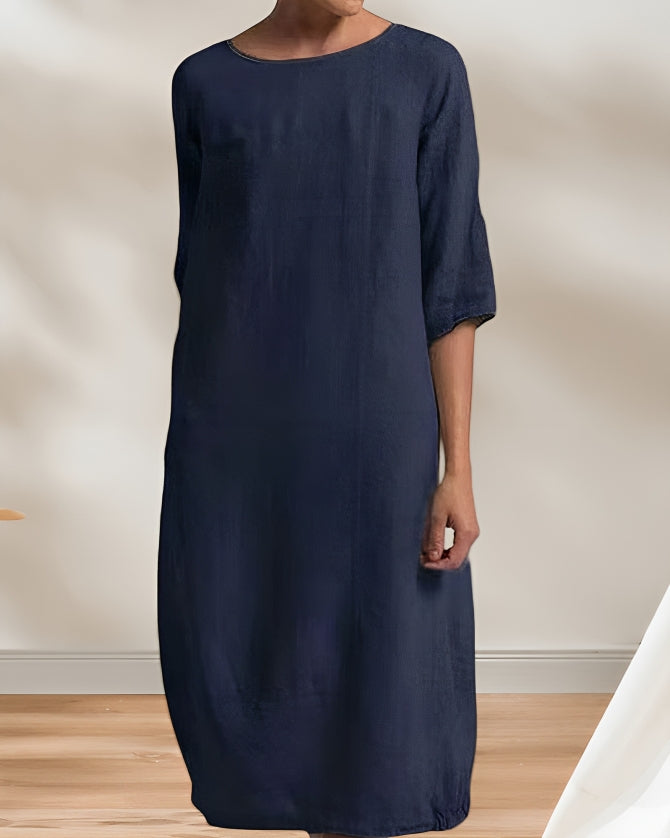 WW | Ladies Lässig Leinen Look Einfaches Midikleid