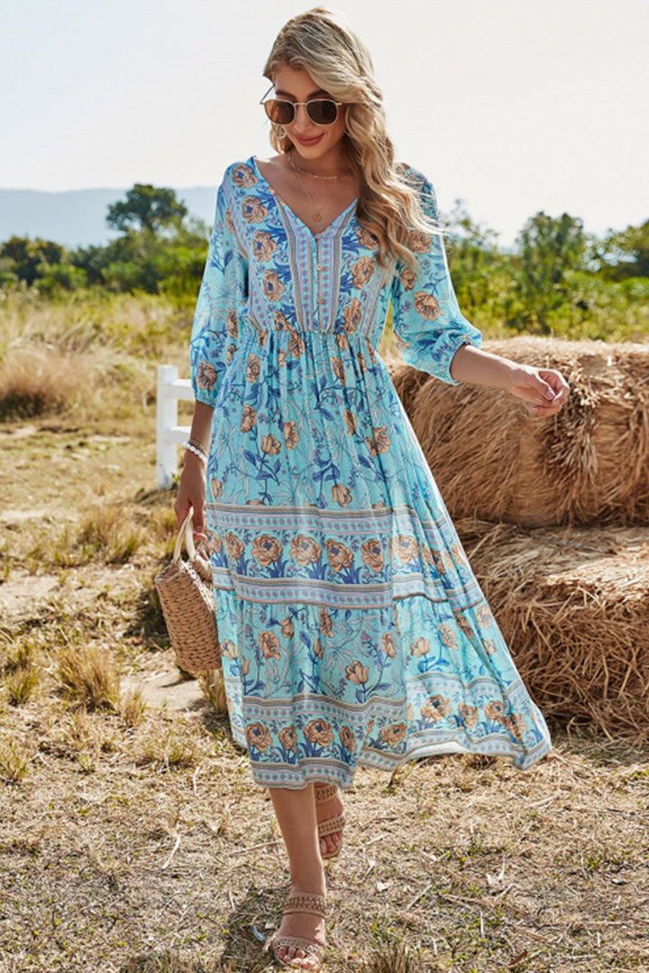 W&W Mode | Hohe Taille V-ausschnitt Boho Strandkleid