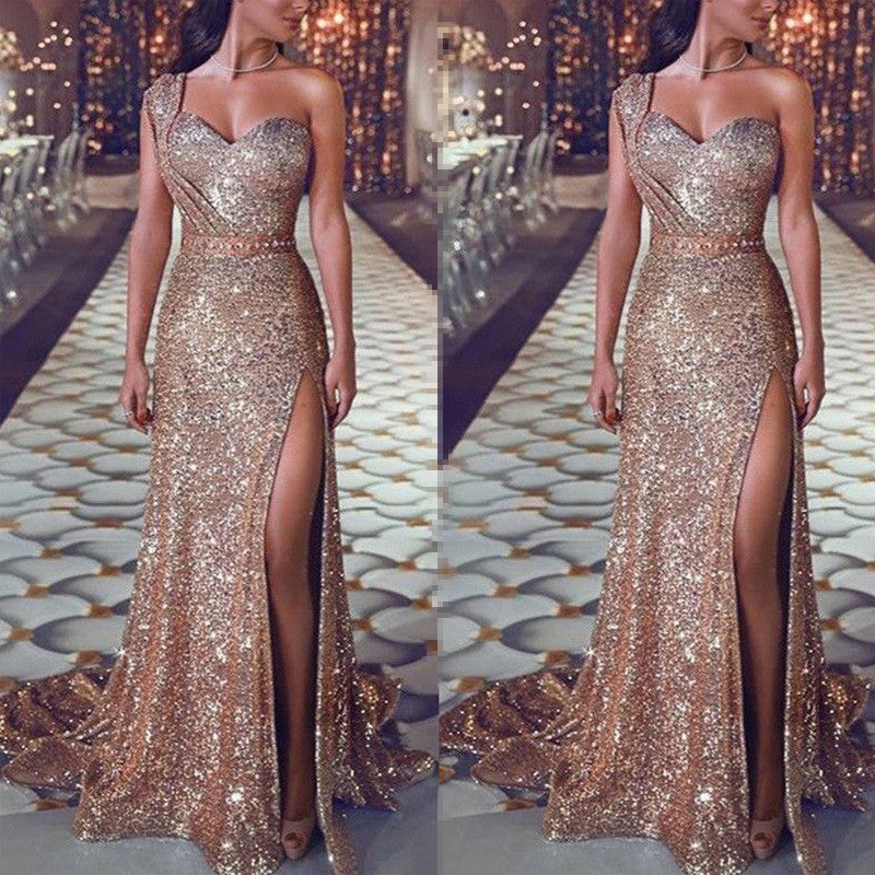 WW | Einseitiges Ärmelloses Glänzendes Split Kleid