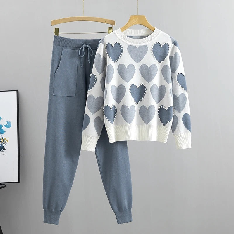 WOLFF | Bequemes Pyjama-Set Aus Strick Mit Herz-Print