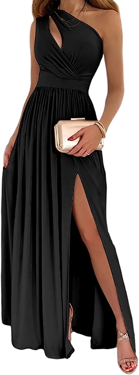 W&W Mode Damen-Cocktail-Maxikleid mit Ein-Schulter-hohem geteiltem Ausschnitt