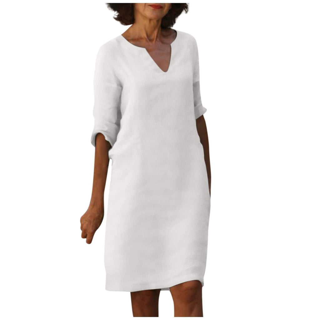 WW | Baumwolle und Leinen V-Ausschnitt Kleid Sommer Nähen Retro Hohe Taille Einfarbige Kleider