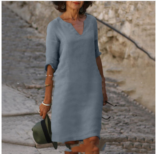WW | Baumwolle und Leinen V-Ausschnitt Kleid Sommer Nähen Retro Hohe Taille Einfarbige Kleider