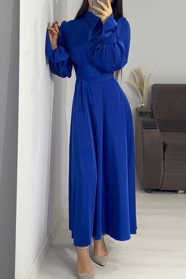 WW | Einfarbiger Rüschensleeve Taillierter Krawatten Slim Fit Maxikleid