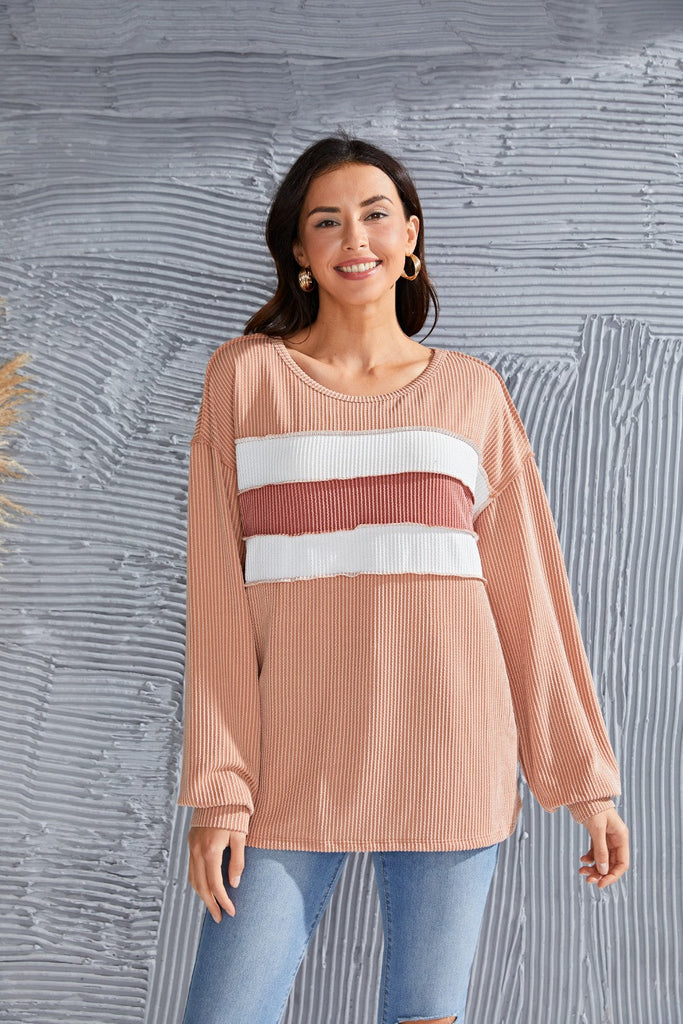 WW | Rippen Farbblock Offene Naht Rundhalsbluse