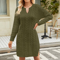 WW | Schicke Herbst-Kabel-Strickkleid mit Ausschnitt für Frauen
