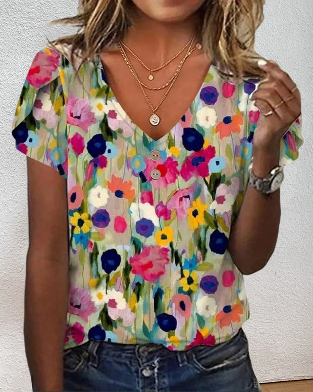 WW | Kurzärmlige Farbenfrohe Blumenbluse mit V-Ausschnitt