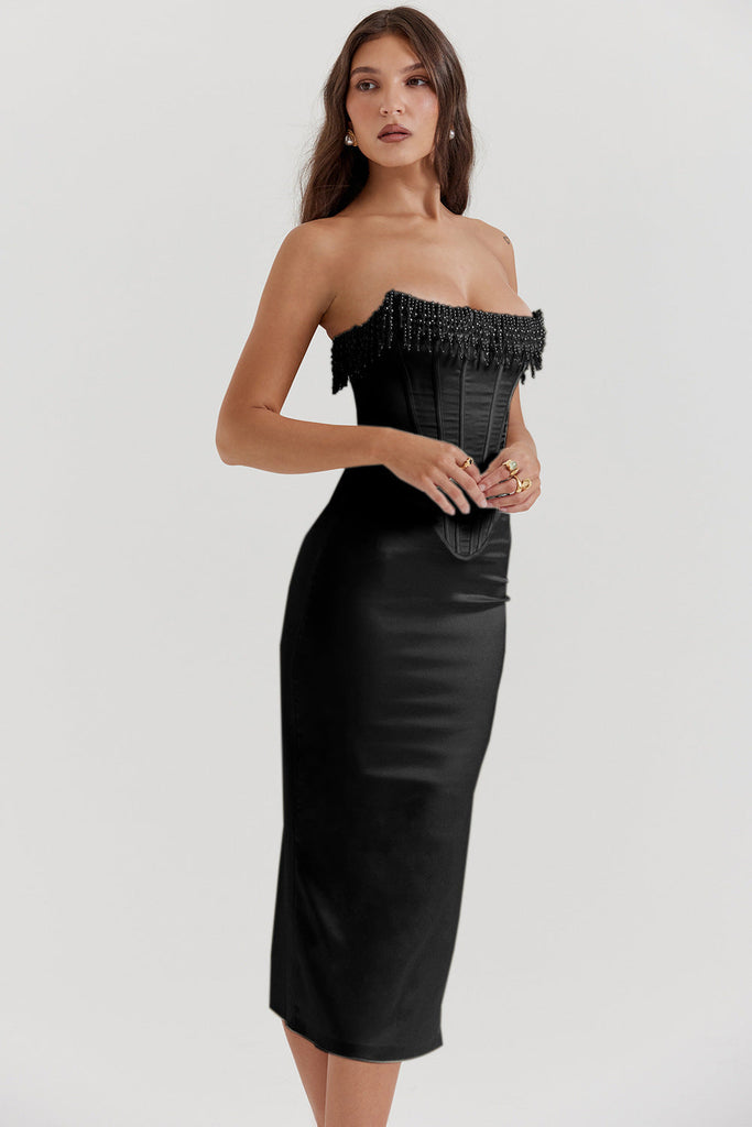 WW | Farbe Ärmelloses Kalt-Schulter Perlen Fischgrät Kleid Rock Damen Kleid