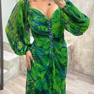 WW | Sunset Serenade Bedrucktes Off-Shoulder Maxikleid mit Diamantverzierungen und Faltenröcken mit Schlitz
