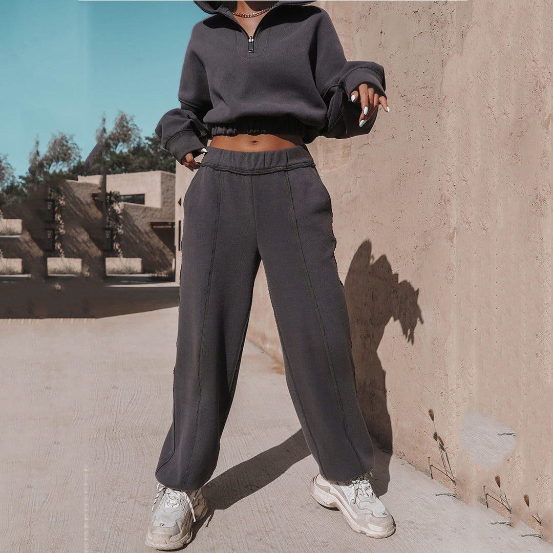 W&W Mode | teil sportlicher cropped Sweatshirt mit Jogginghose - Damen Pullover Tracksuit mit Reißverschluss und elastischem Bund