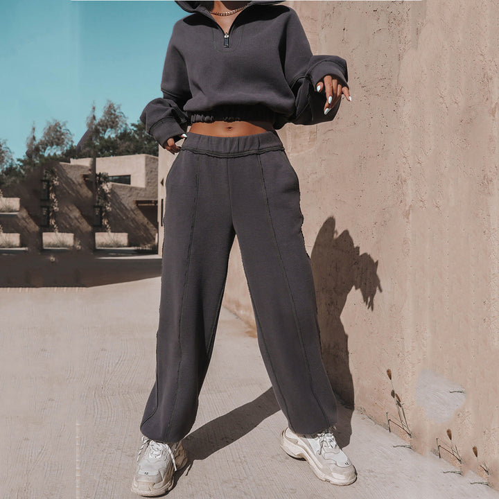 W&W Mode | teil sportlicher cropped Sweatshirt mit Jogginghose - Damen Pullover Tracksuit mit Reißverschluss und elastischem Bund