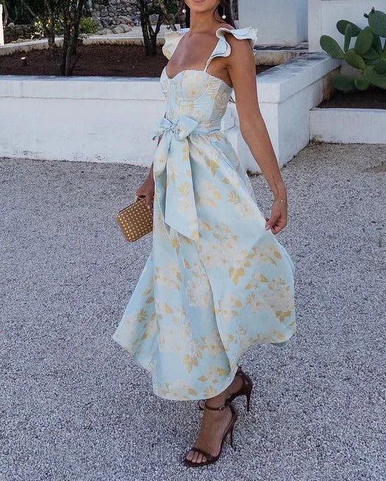 Damen bedrucktes Kleid mit Rüschenschultern, Taillenknoten und Schlitzen