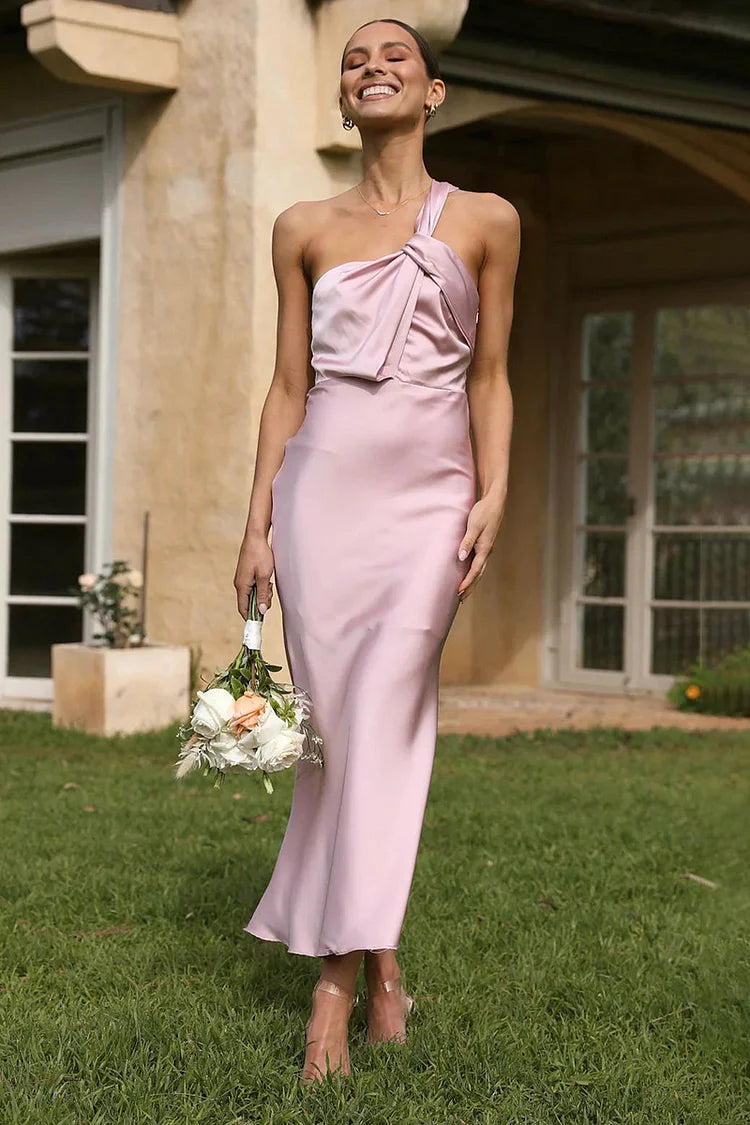 WW | Ein Schulter Rückenfreies Satin Brautjungfer Hochzeit Party Bodycon Fishtail Maxi Kleid