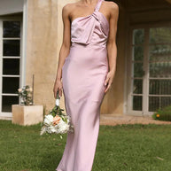 WW | Ein Schulter Rückenfreies Satin Brautjungfer Hochzeit Party Bodycon Fishtail Maxi Kleid
