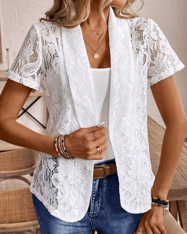 WW | Weißer Kurzärmeliger Spitzenblazer mit Revers