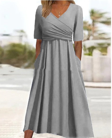 W&W Mode | Blaues, Schlichtes Midikleid Mit V-ausschnitt