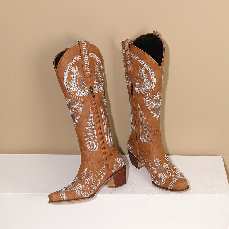 WW | Bestickte Western Denim Retro Damen Knielange Stiefel