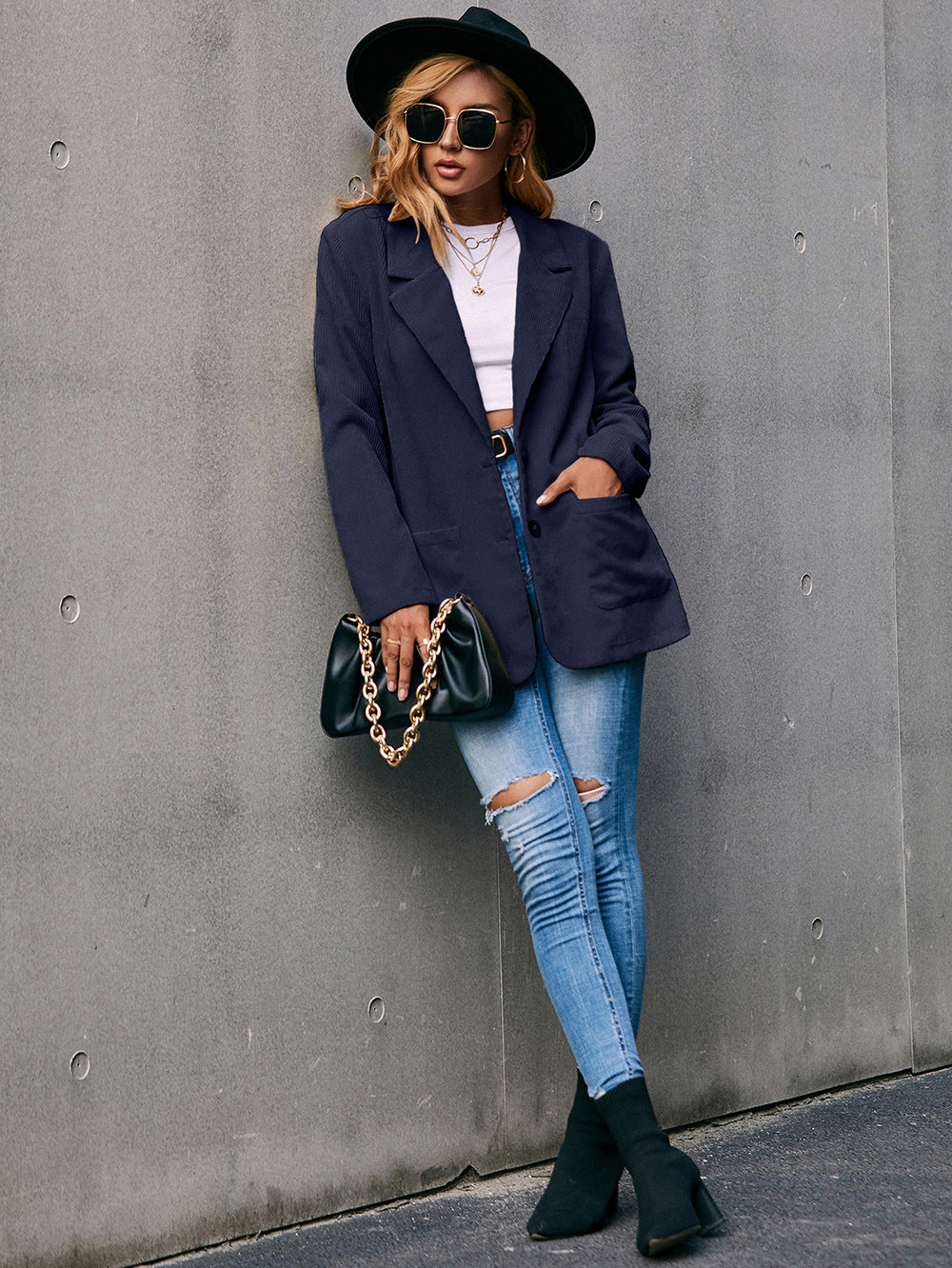 WW | Corduroy Langarm Longline Blazer mit Taschen