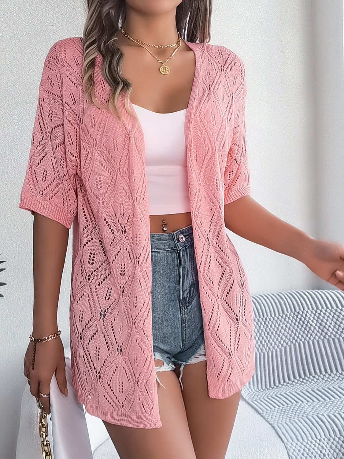 WW | Durchbrochene Offene Front Halbarm-Cardigan