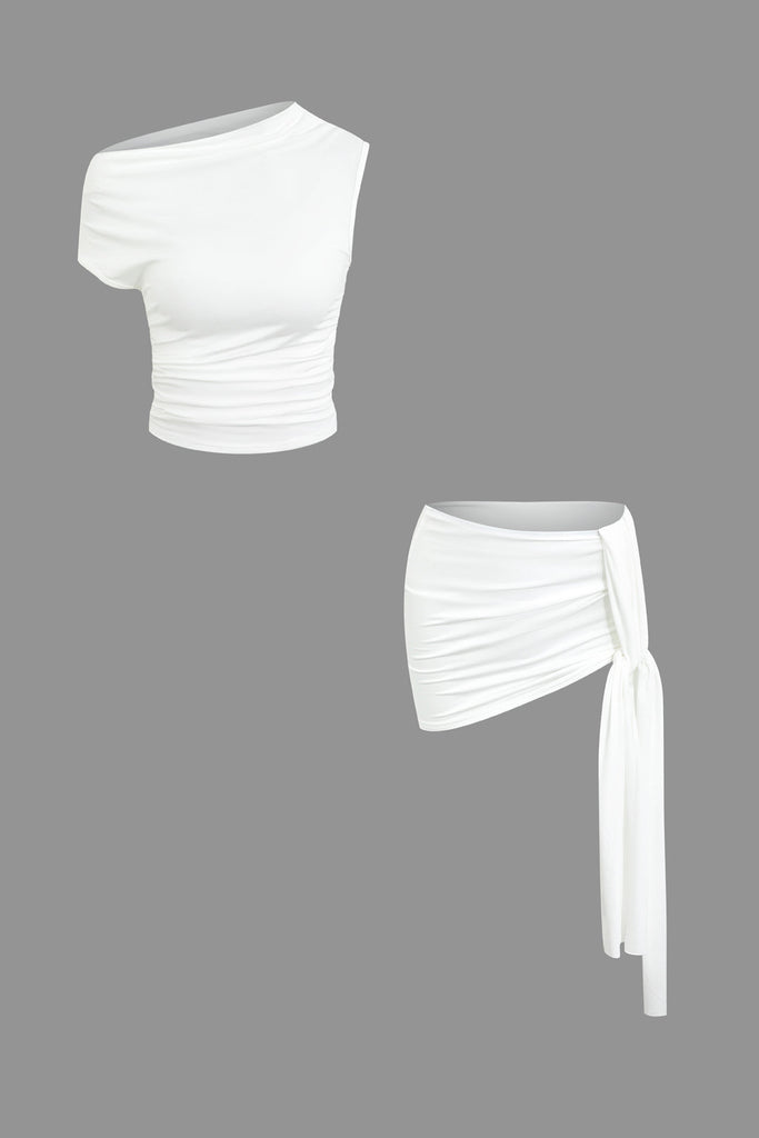 WW | Asymmetrisches Gerüschtes Crop Top & Krawatten Mini Rock Satz