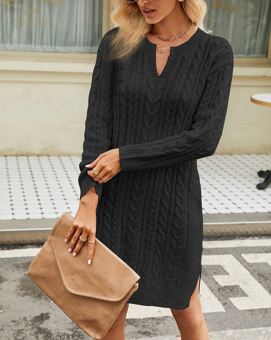 WW | Schicke Herbst-Kabel-Strickkleid mit Ausschnitt für Frauen