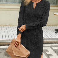 WW | Schicke Herbst-Kabel-Strickkleid mit Ausschnitt für Frauen