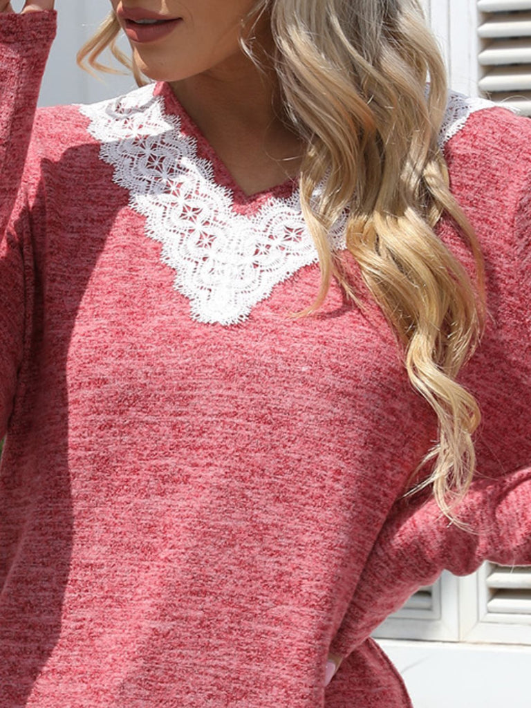 WW | Spitzen-Detail V-Ausschnitt Langarm-T-Shirt