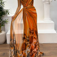 WW | In A Dreamland Chiffon Floral Print Off Shoulder Pleated Scarf Slit Maxi Kleid
