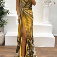 WW | In A Dreamland Chiffon Floral Print Off Shoulder Pleated Scarf Slit Maxi Kleid