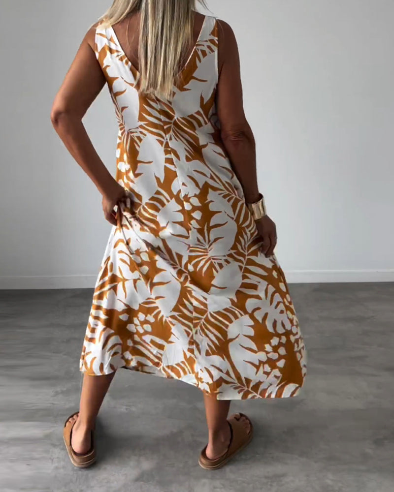 WW | Lässiges, Ärmelloses Kleid mit Blattmuster