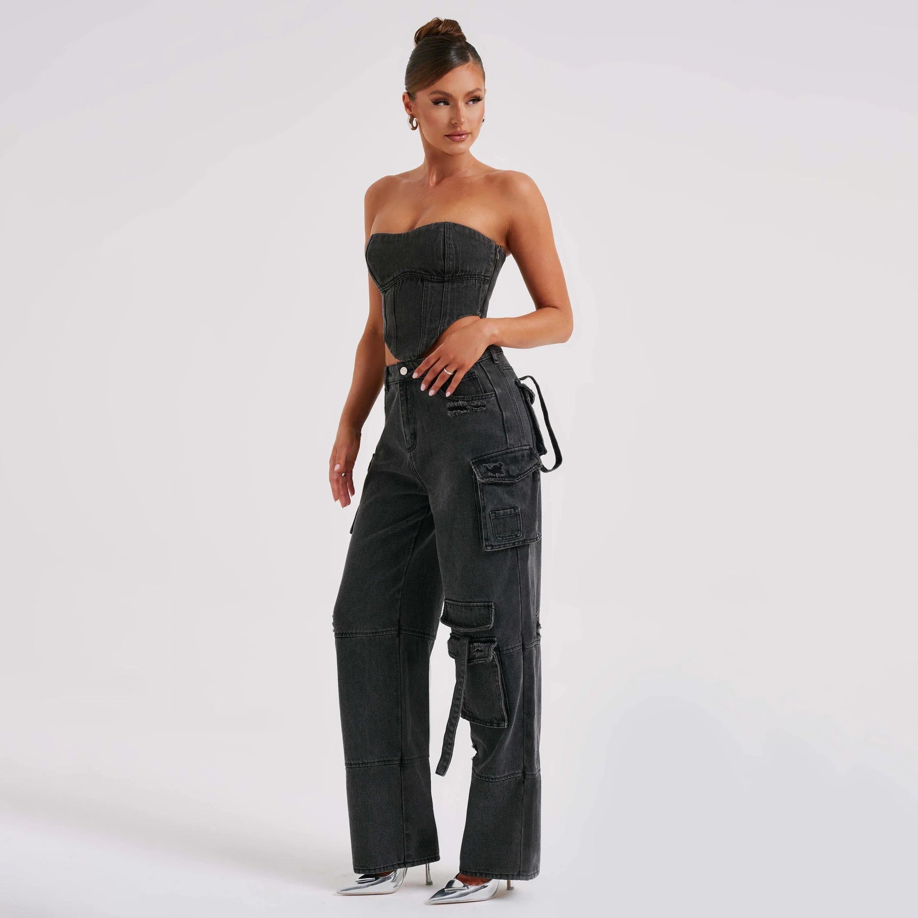 WW | Denim-Anzüge Sommer Sexy Rückenausschnitt Tube Top und Mehrfach-Taschen Gerade Hosen Mode Lange Hosen Anzug Damenbekleidung