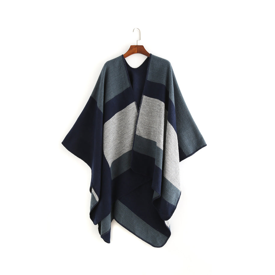 Damen eleganter Oversized-Poncho aus hochwertigem Material mit modernem Streifenmuster WW