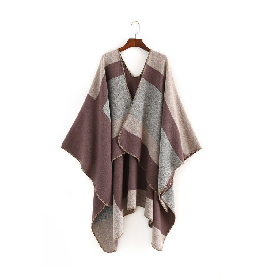 Damen eleganter Oversized-Poncho aus hochwertigem Material mit modernem Streifenmuster WW
