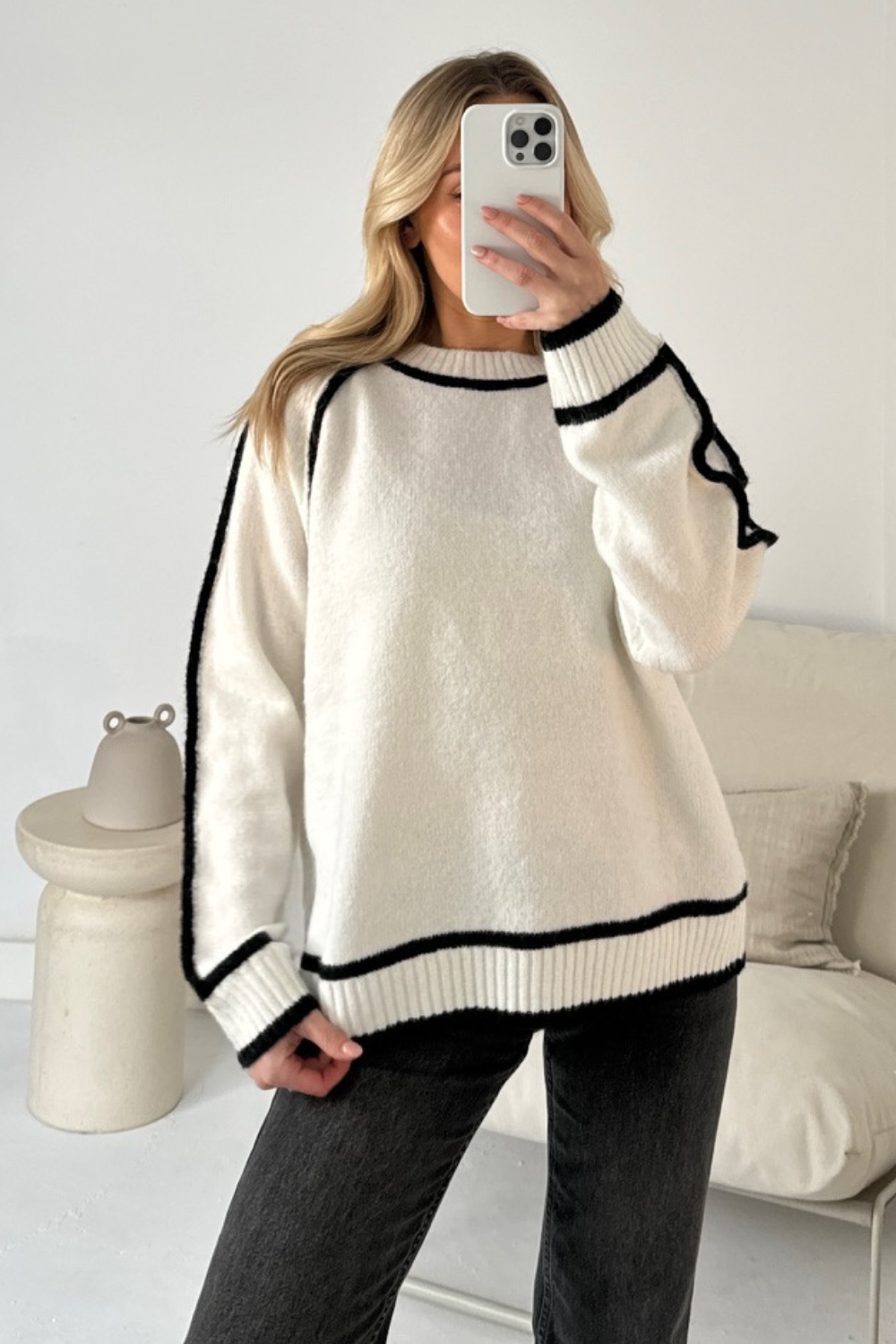 W&W Mode | Damen Rollkragenpullover mit kontrastierenden Nähten - lässiger Oversized-Pullover
