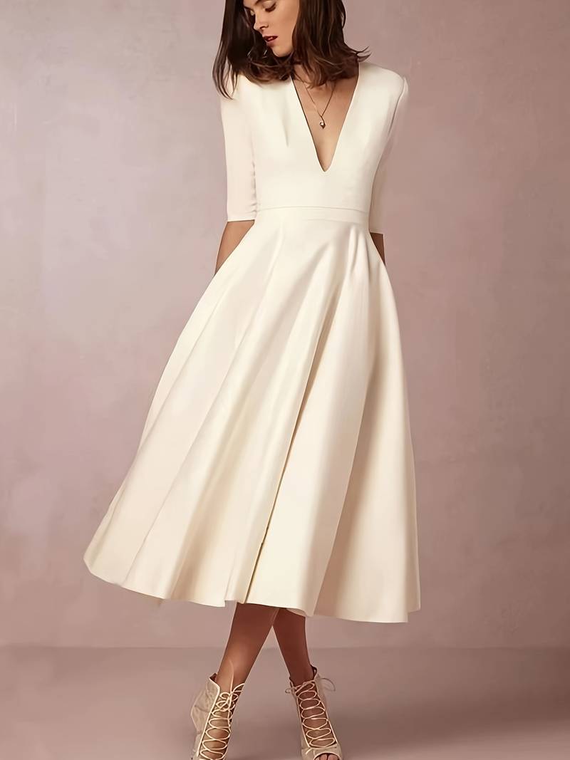 WW | Elegantes Midi-Kleid mit Tiefem V-Ausschnitt für Damen