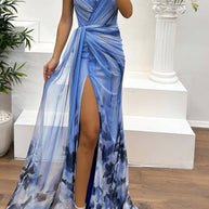 WW | In A Dreamland Chiffon Floral Print Off Shoulder Pleated Scarf Slit Maxi Kleid