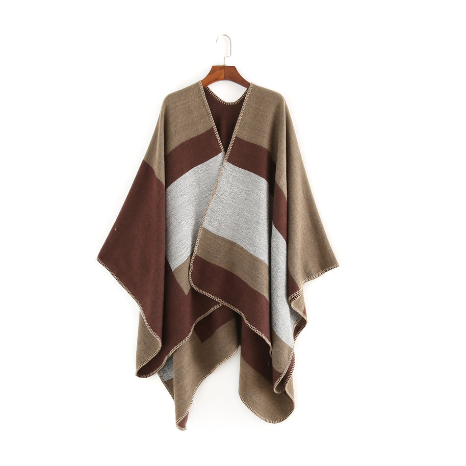 Damen eleganter Oversized-Poncho aus hochwertigem Material mit modernem Streifenmuster WW