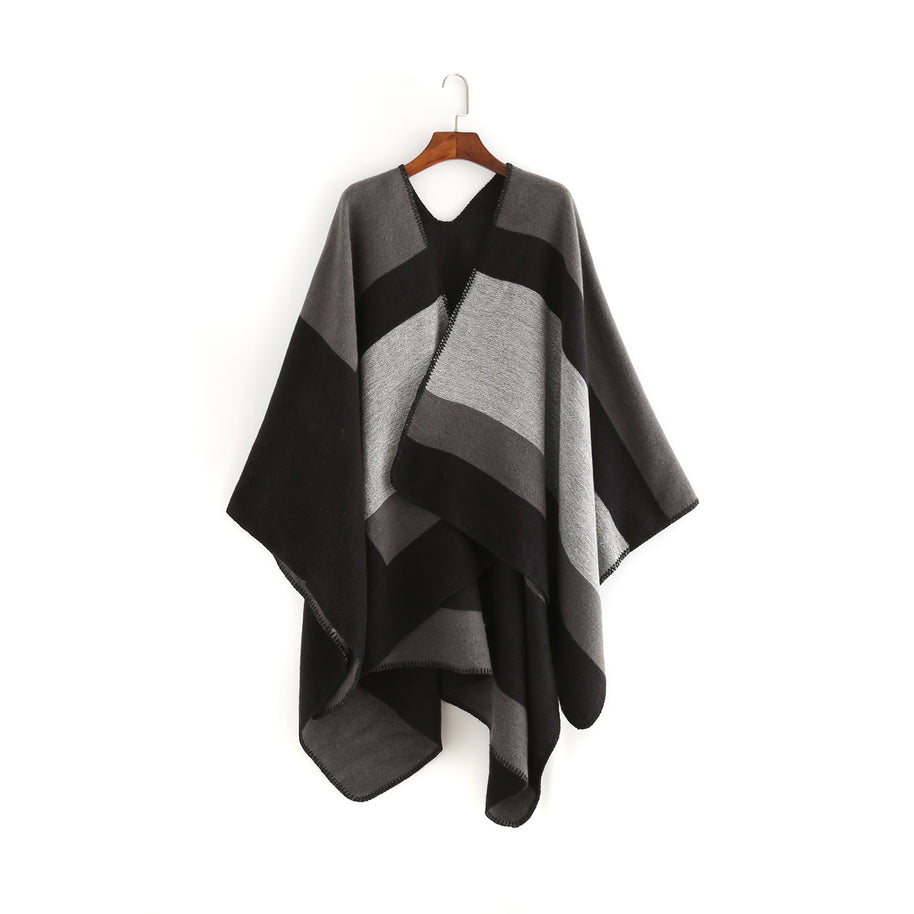 Damen eleganter Oversized-Poncho aus hochwertigem Material mit modernem Streifenmuster WW