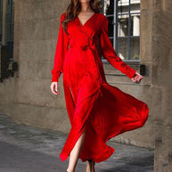 WW | Elegantes Kleid mit langen Ärmeln V-Ausschnitt Geteilter langer Rock