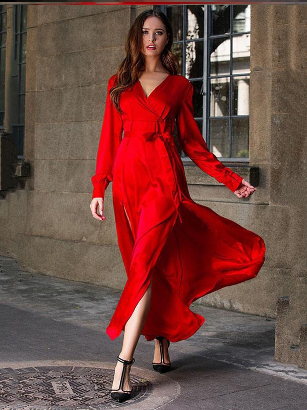 W&W Mode | Elegantes Kleid mit langen Ärmeln V-Ausschnitt Geteilter langer Rock
