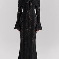 WW | Blumen Spitze Off Shoulder Flare Ärmel Fishtail Maxi Kleider - Weiß