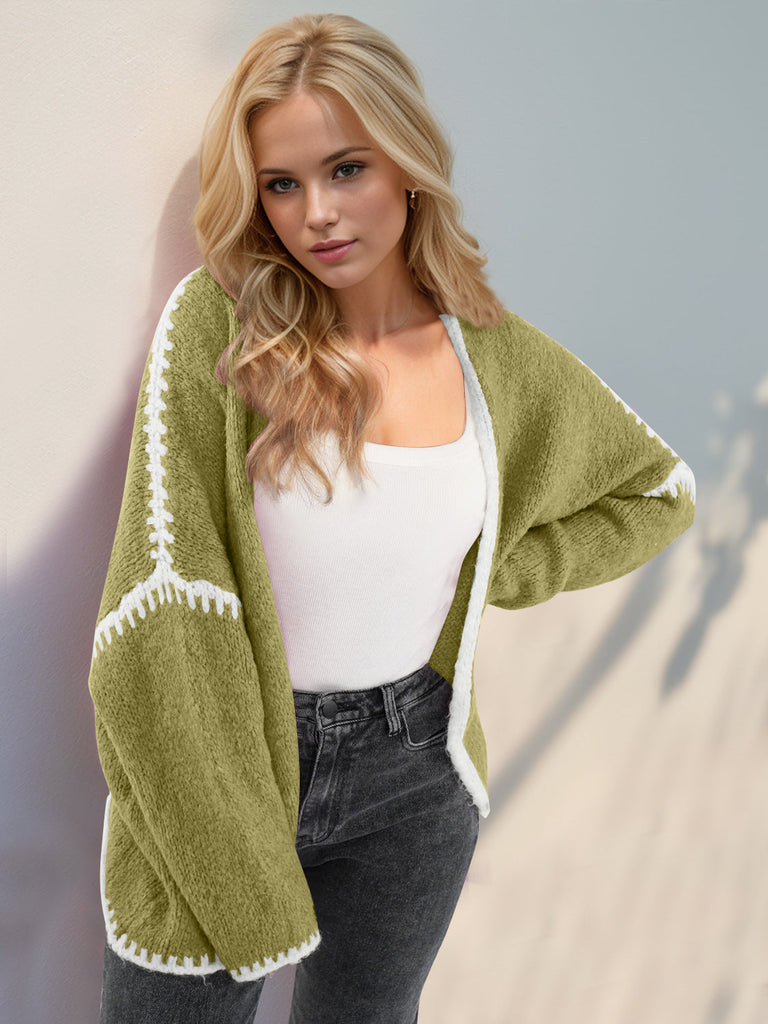 WW | Double Take Kontrast Offene Vorderseite Fallende Schulter Cardigan