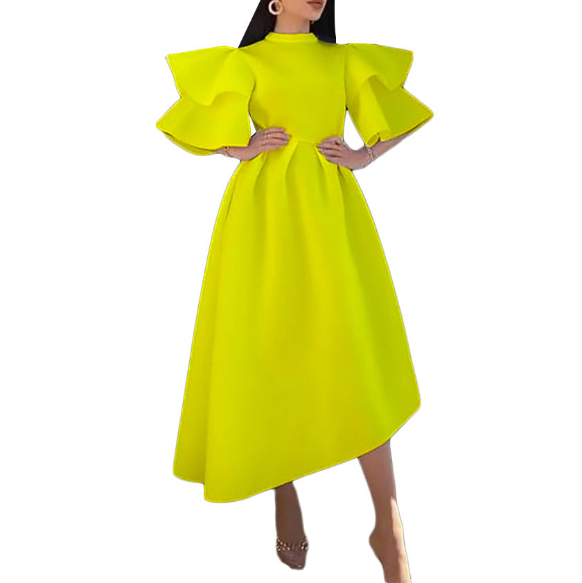 Damen Midikleid mit Stehkragen, hoher Taille und Trompetenärmeln