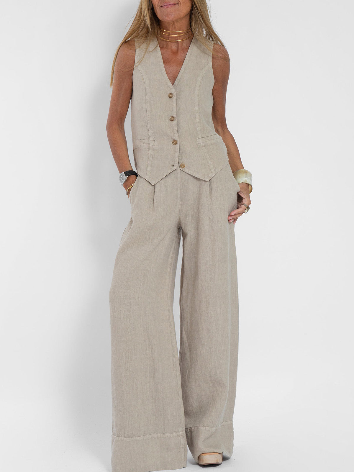 WW | Knopf-Weste & Weit Geschnittene Hose Set