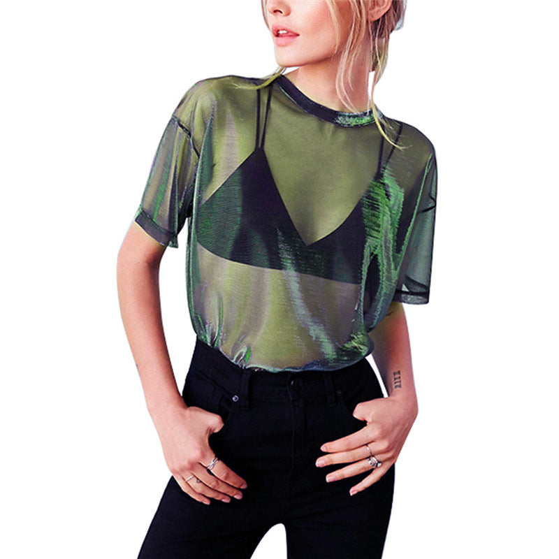 Damen Transparentes T-Shirt mit extravaganten Farbverlauf-Design WW