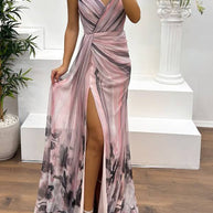 WW | In A Dreamland Chiffon Floral Print Off Shoulder Pleated Scarf Slit Maxi Kleid