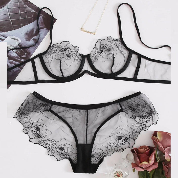 W&W Mode | Women's Mesh Stickerei Sheer Dessous Set