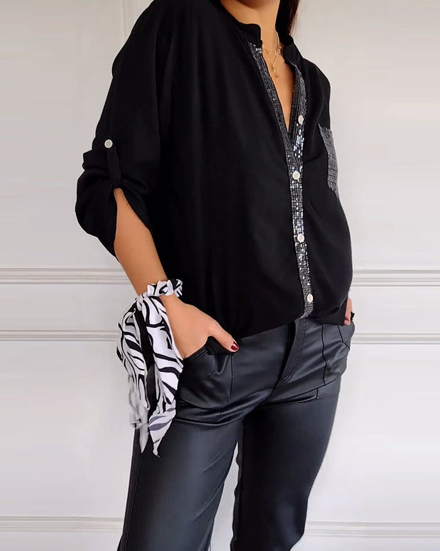 WW - Schicke Bluse mit Knopfleiste und Paillettenbesatz für Damen | Elegante Langarmbluse mit Paillettentasche