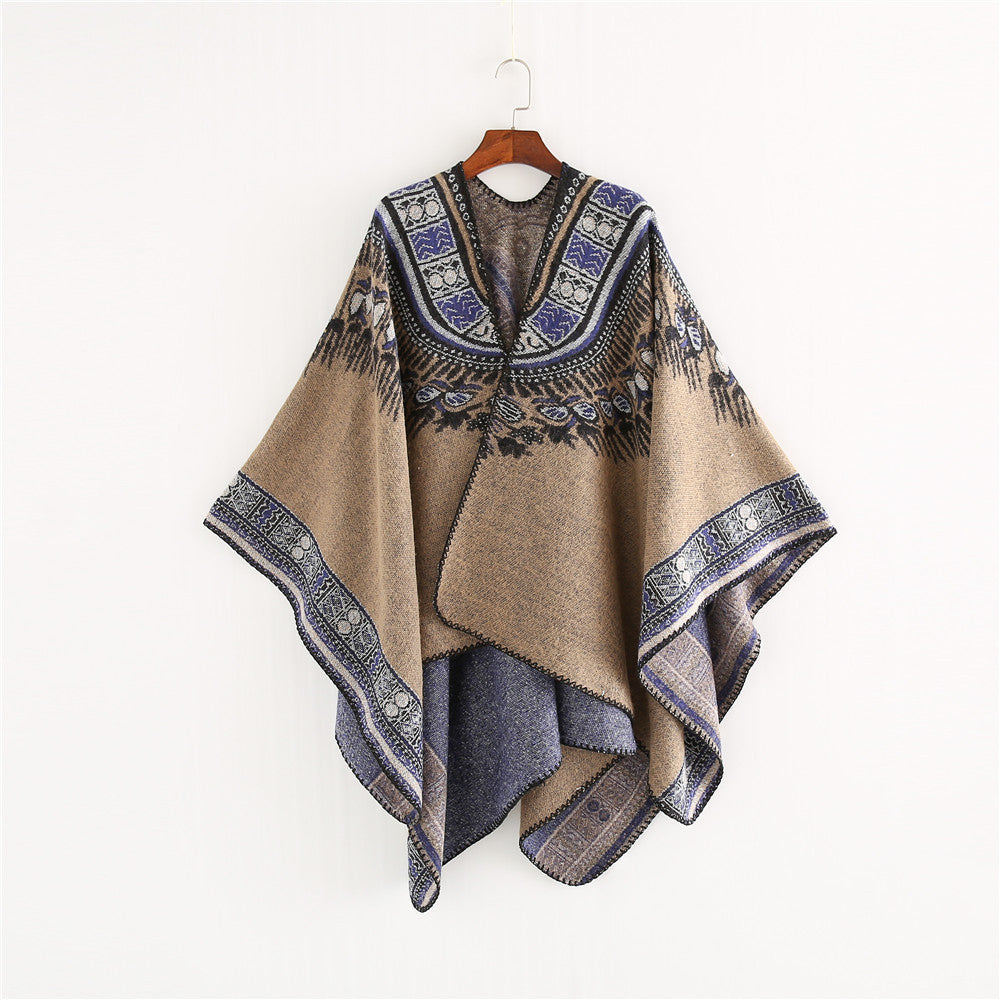 Damen gefütterter Poncho mit kunstvollem ethnischen Design und eleganten Fransen WW
